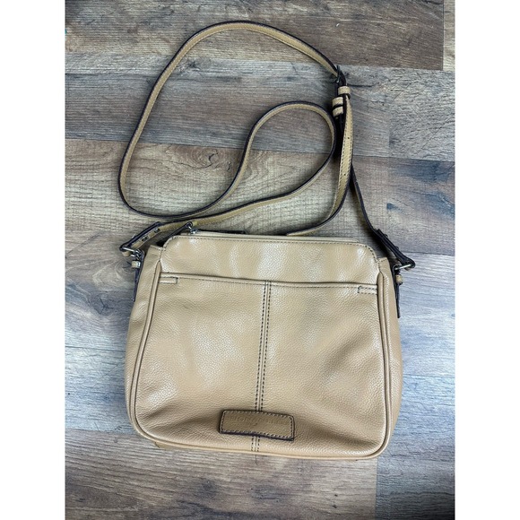 Tignanello Genuine Leather  Crossbody‎ Shoulder Bag Beige 3 Compartments Pockets - Picture 1 of 16